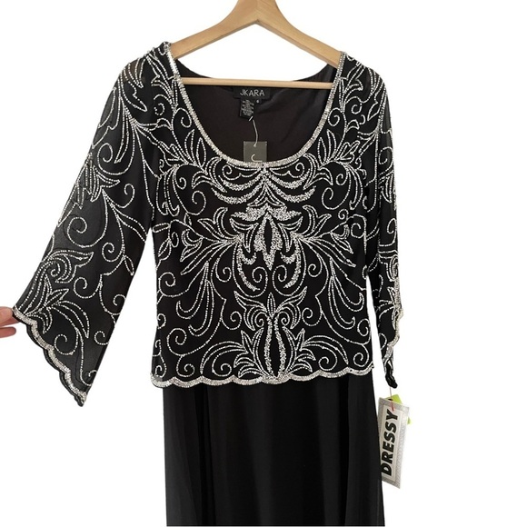 NEW J Kara Black Long Gown Sequin Beaded‎ Bodice Chiffon Formal Elegant Dress 6 - Picture 3 of 10
